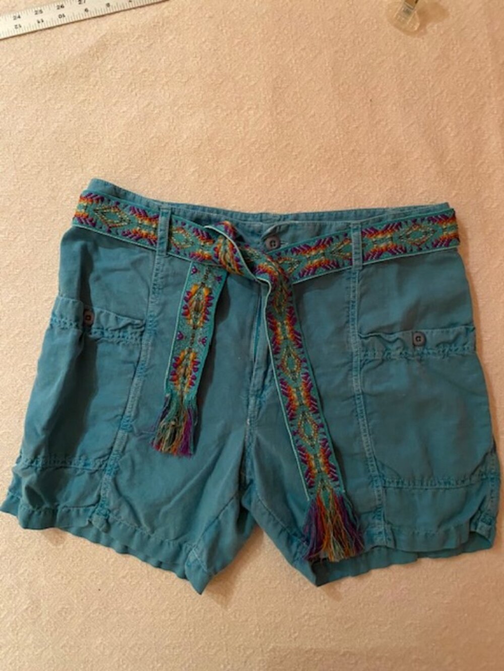 Sundance Shorts Womens SZ S Turquoise Linen Cotton Cargo Boho Embroidered Belt